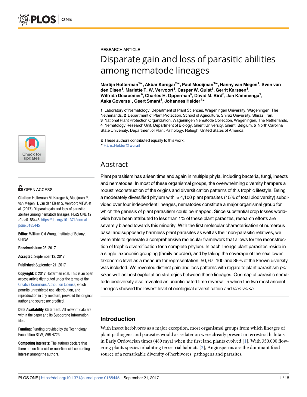 Disparate Gain and Loss of Parasitic Abilities Among Nematode Lineages