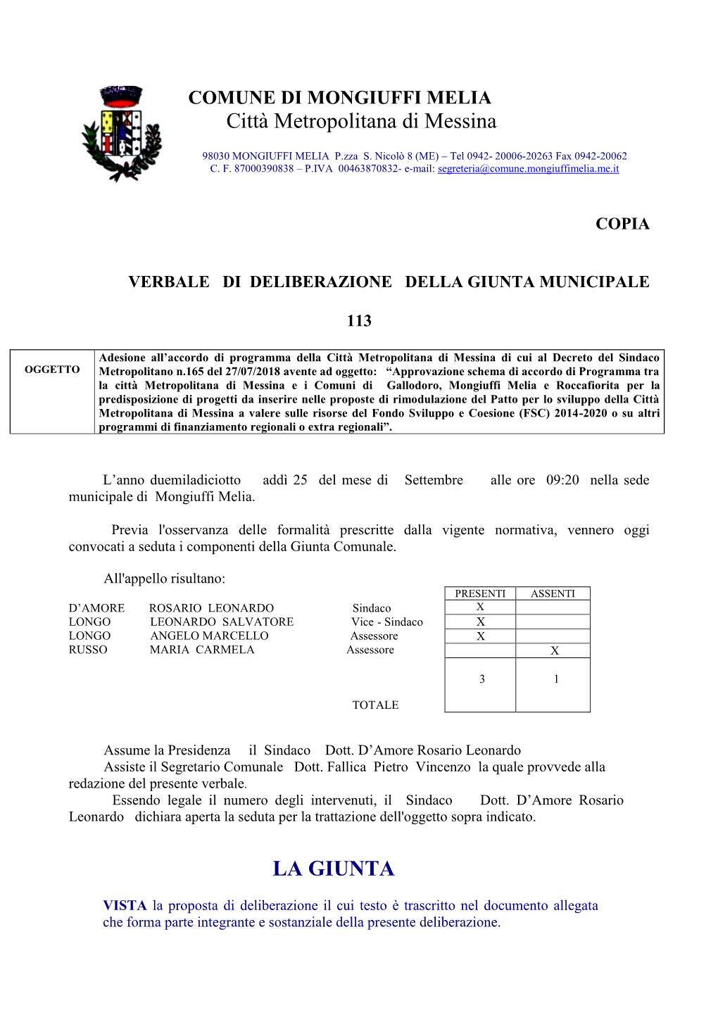 Città Metropolitana Di Messina LA GIUNTA