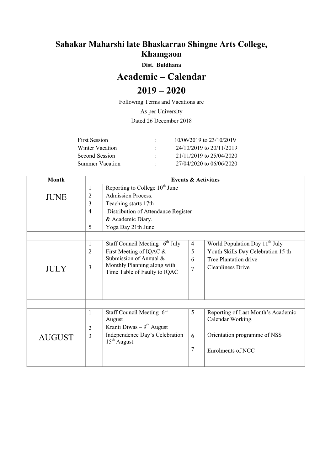 Academic – Calendar 2019 – 2020 Following Terms and Vacations Are As Per University Dated 26 December 2018