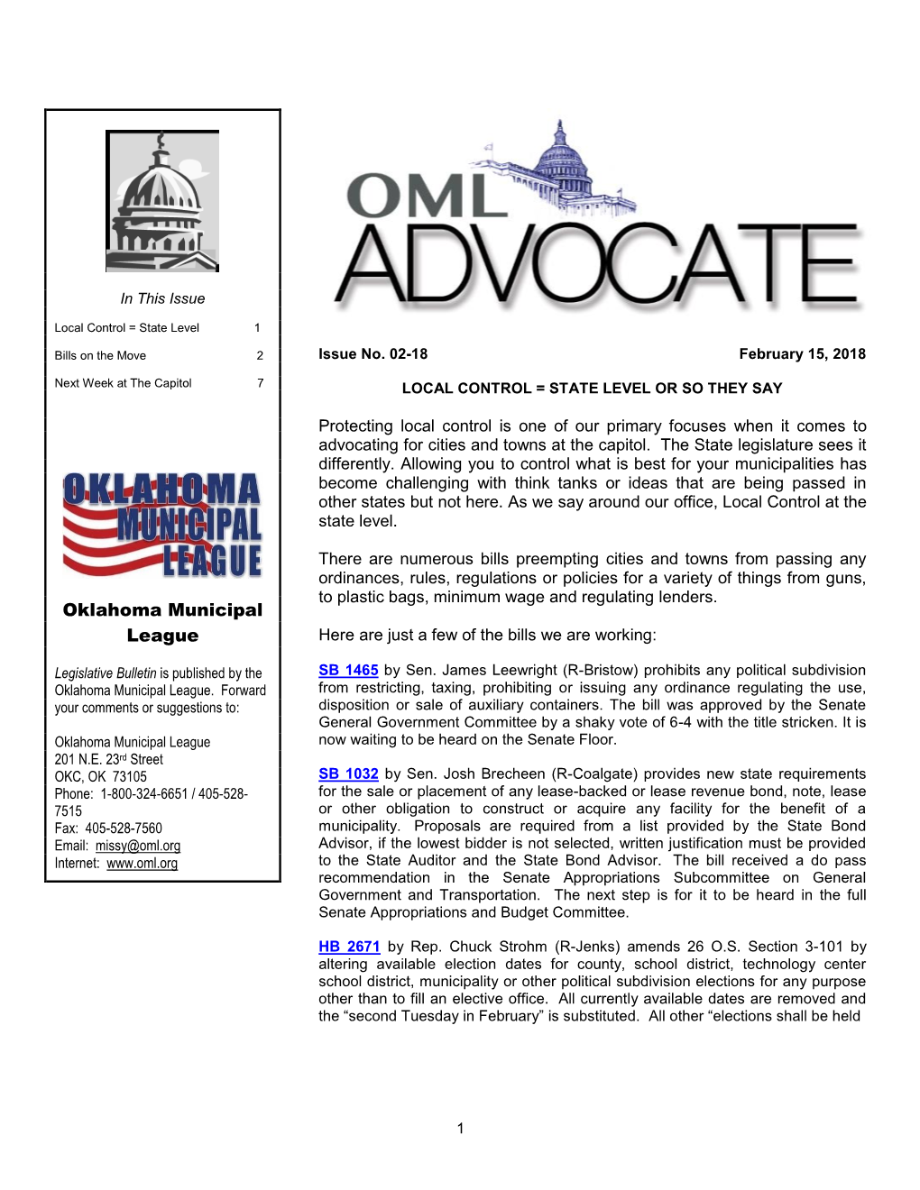 Oklahoma Municipal League Here Are Just a Few of the Bills We Are Working