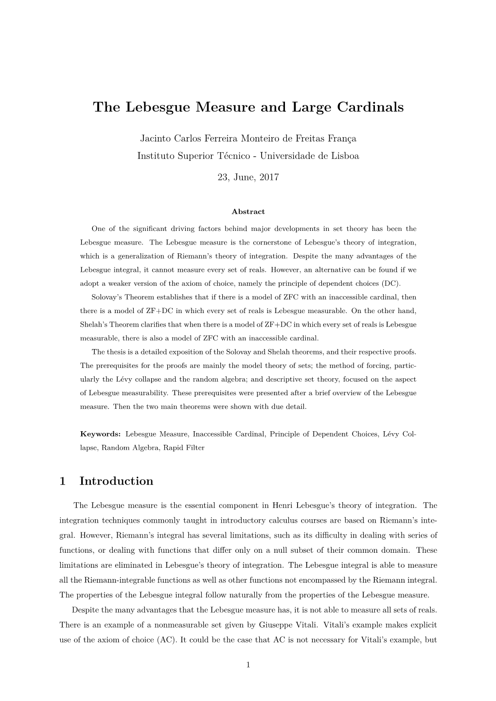 The Lebesgue Measure and Large Cardinals