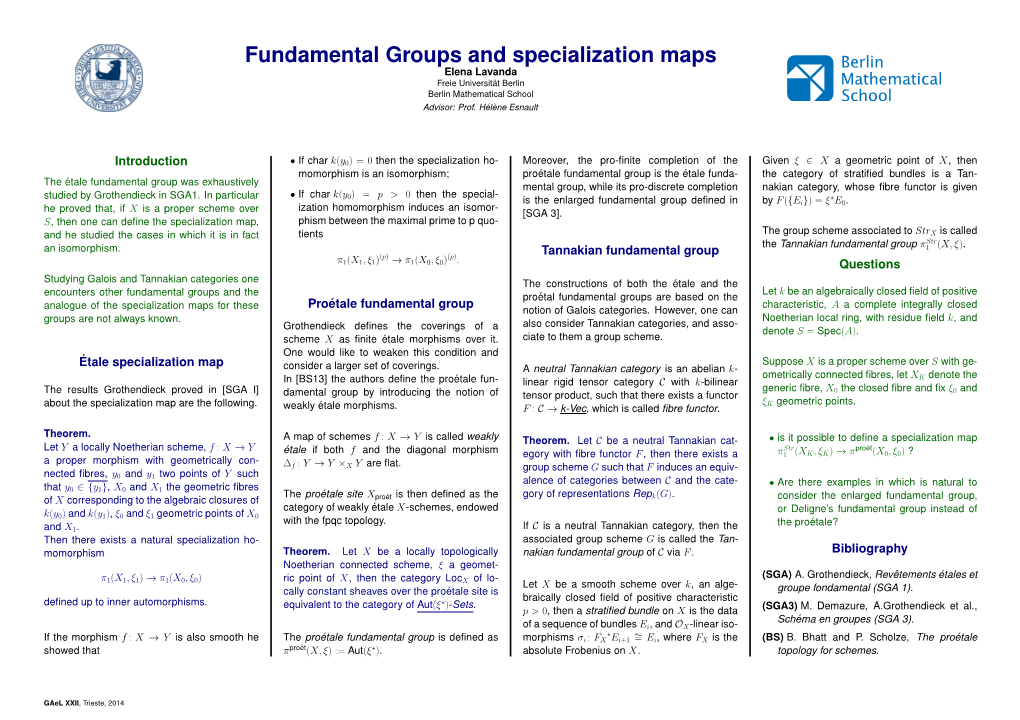 Fundamental Groups and Specialization Maps Elena Lavanda Freie Universitat¨ Berlin Berlin Mathematical School Advisor: Prof