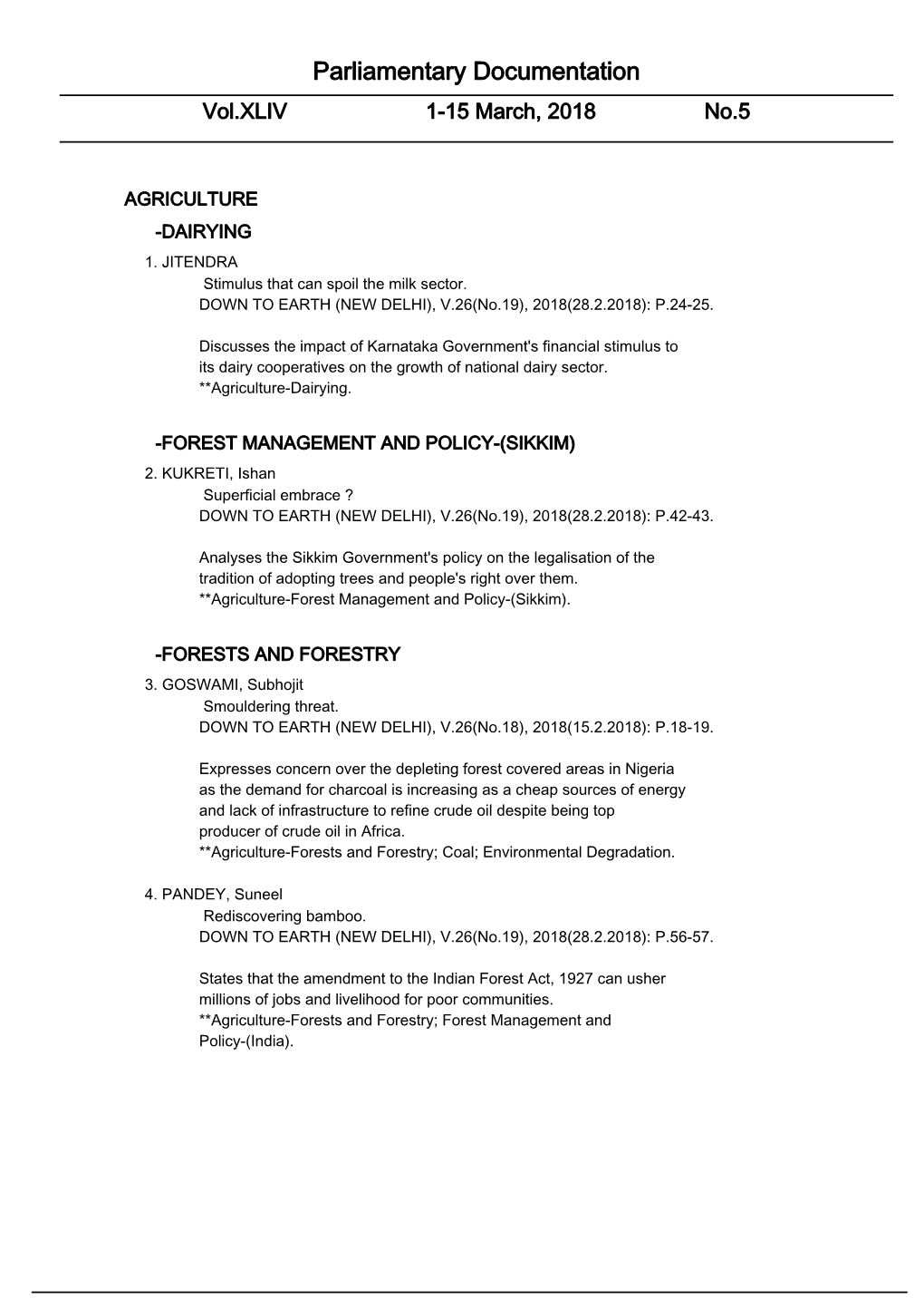 Parliamentary Documentation Vol.XLIV 1-15 March, 2018 No.5