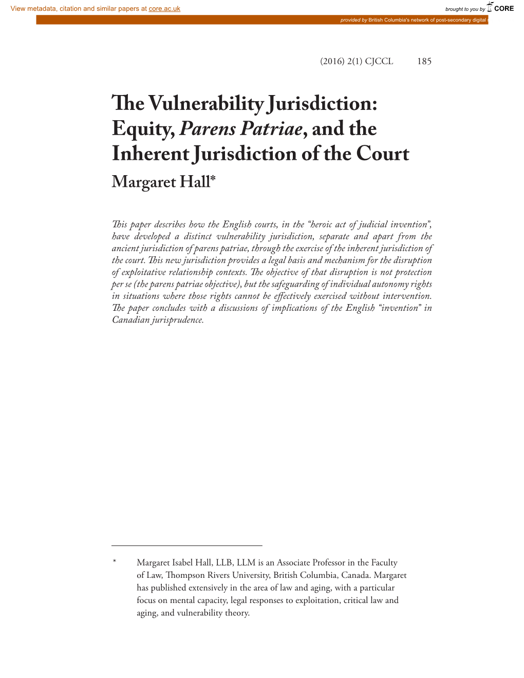 Equity, Parens Patriae, and the Inherent Jurisdiction of the Court Margaret Hall*