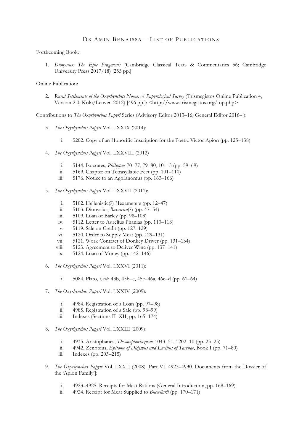 Benaissa List of Publications