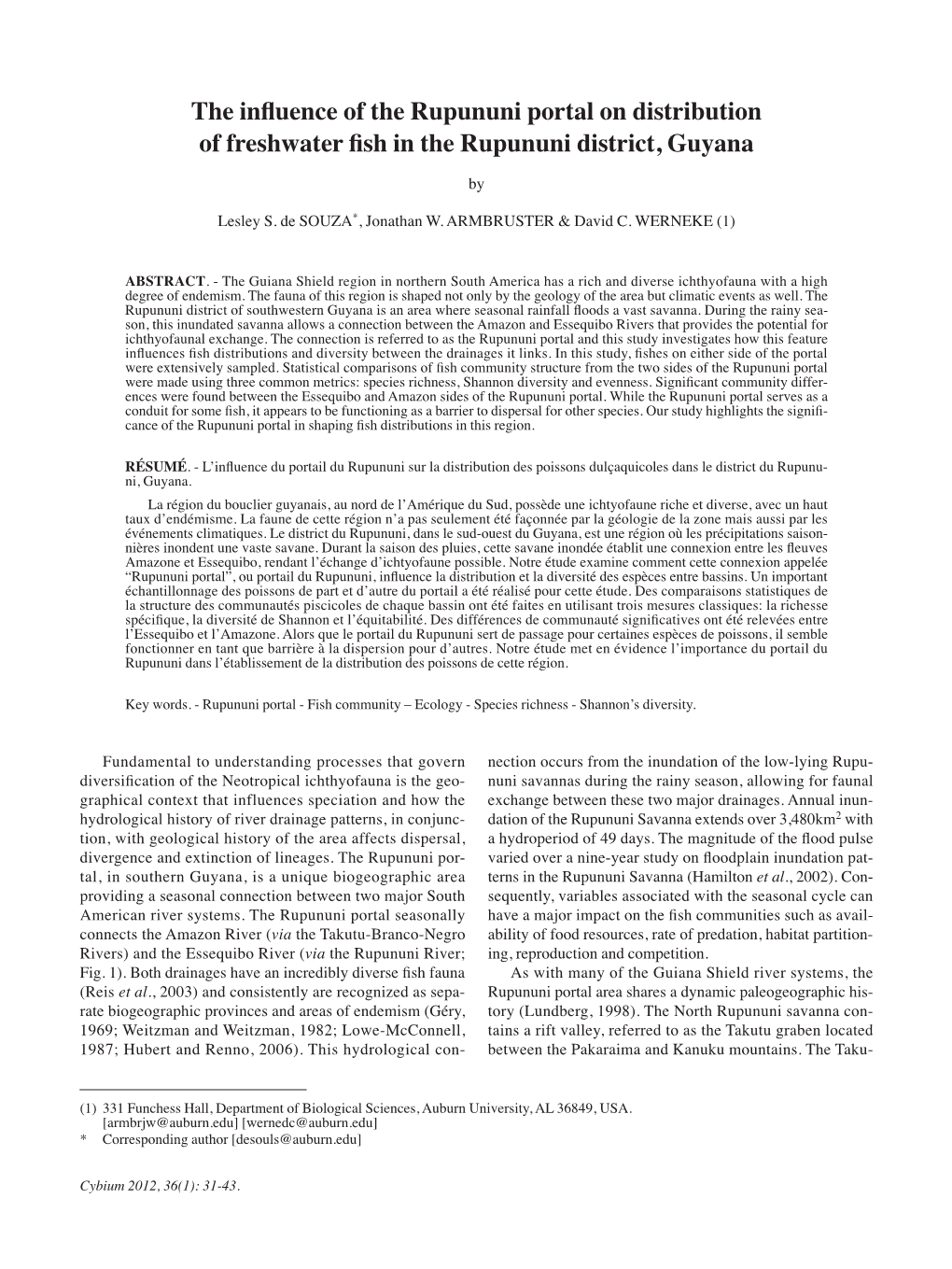 The Influence of the Rupununi Portal on Distribution of Freshwater Fish in the Rupununi District, Guyana