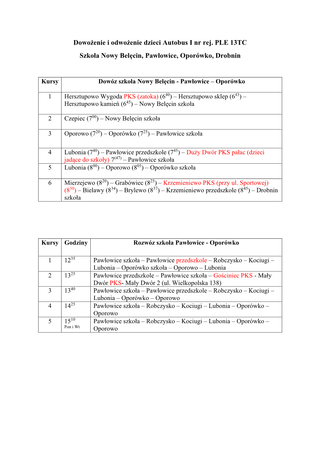 Dowożenie I Odwożenie Dzieci Autobus I Nr Rej. PLE 13TC Szkoła Nowy Belęcin, Pawłowice, Oporówko, Drobnin