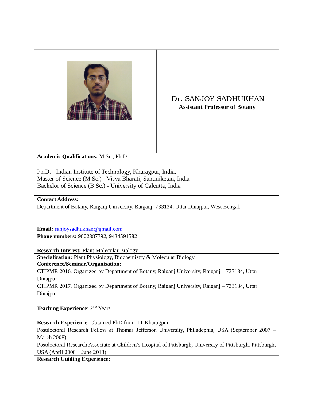 Dr. SANJOY SADHUKHAN Assistant Professor of Botany