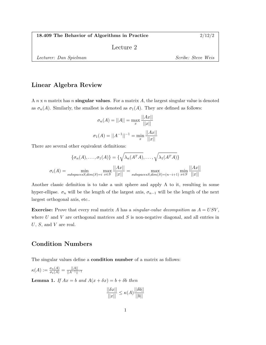 Lecture 2 Linear Algebra Review Condition Numbers