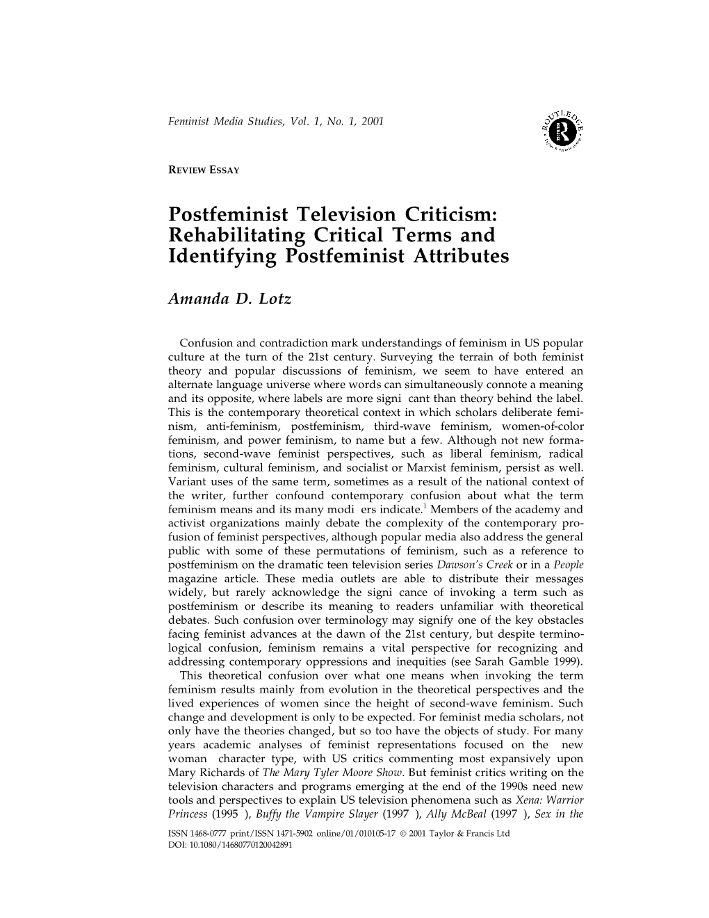 Postfeminist Television Criticism: Rehabilitating Critical Terms and Identifying Postfeminist Attributes