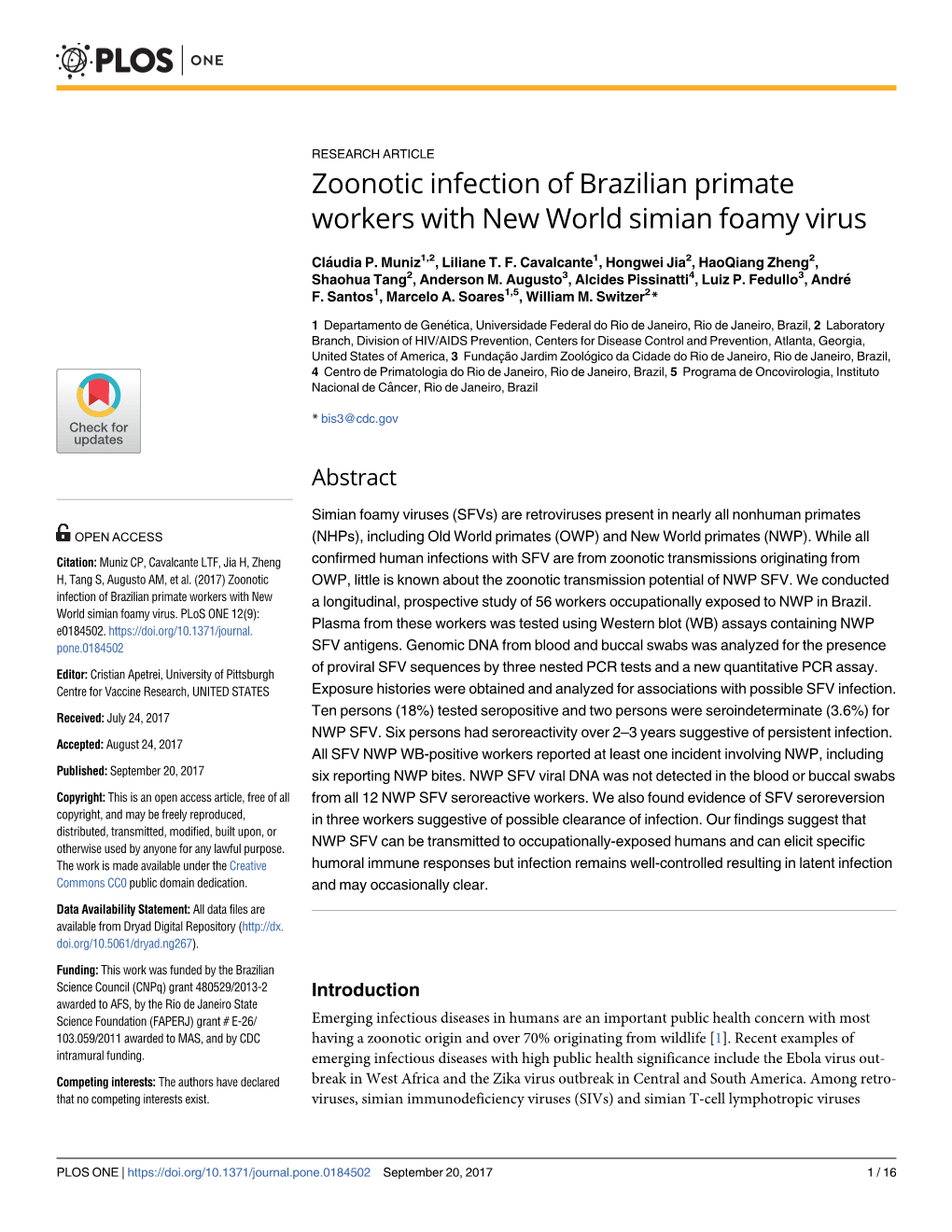 Zoonotic Infection of Brazilian Primate Workers with New World Simian Foamy Virus