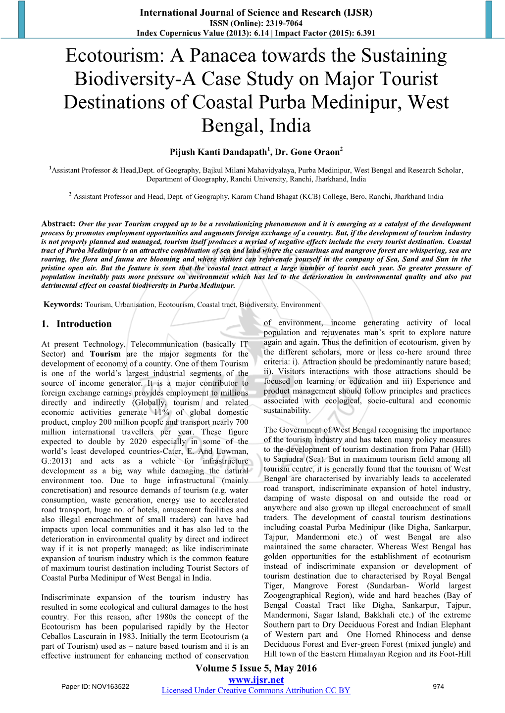 Ecotourism: a Panacea Towards the Sustaining Biodiversity-A Case Study on Major Tourist Destinations of Coastal Purba Medinipur, West Bengal, India