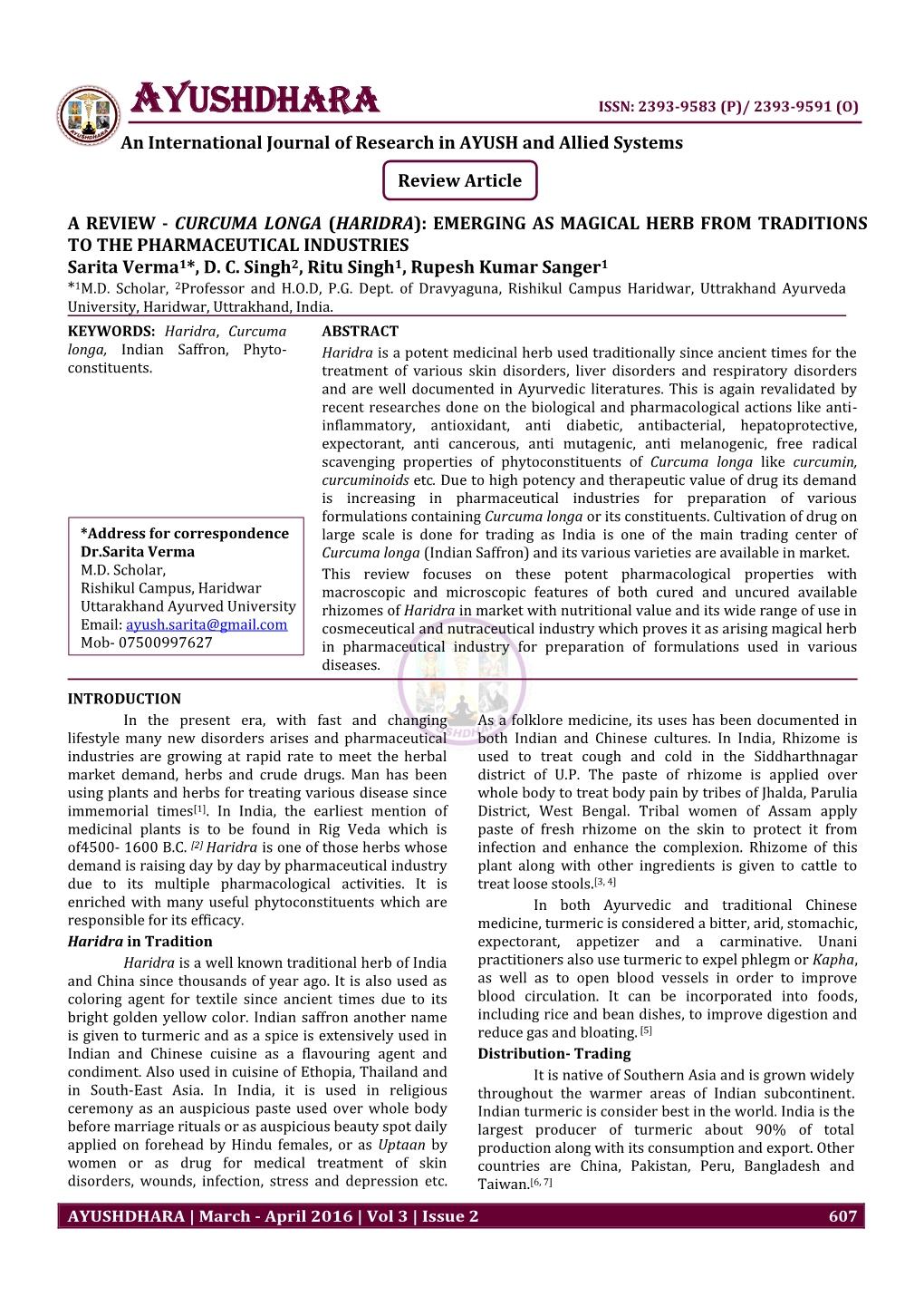 AYUSHDHARA ISSN: 2393-9583 (P)/ 2393-9591 (O) an International Journal of Research in AYUSH and Allied Systems