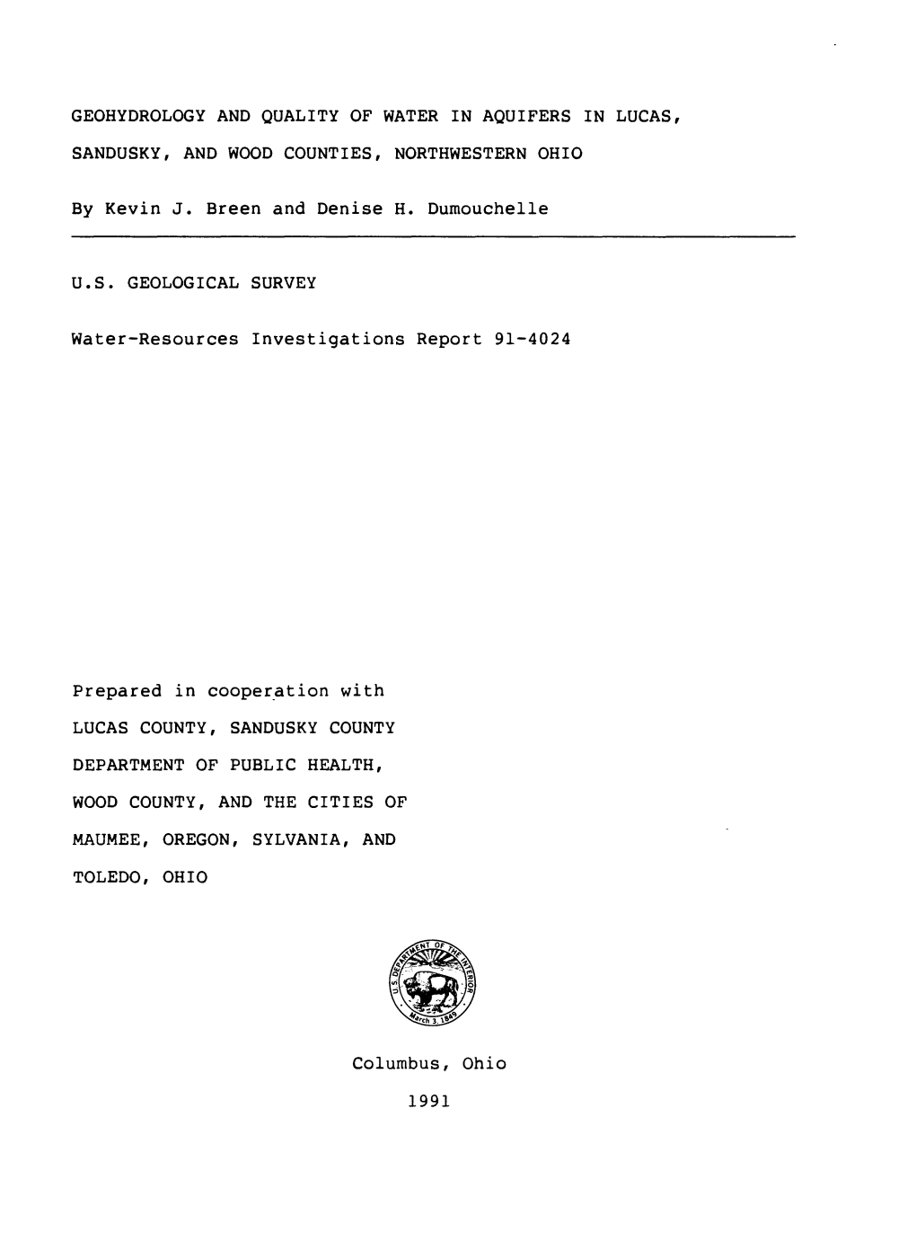 By Kevin J. Breen and Denise H. Dumouchelle Water-Resources Investigations Report 91-4024