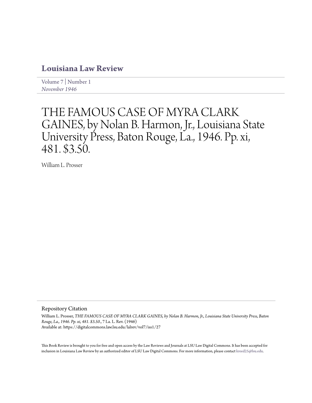 THE FAMOUS CASE of MYRA CLARK GAINES, by Nolan B