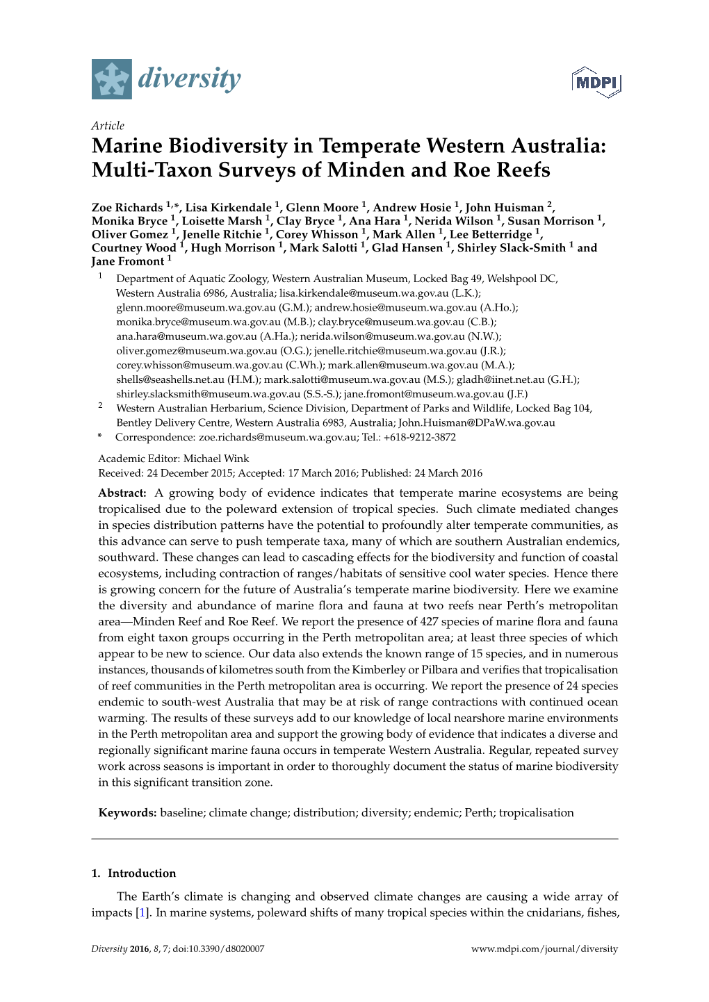 Marine Biodiversity in Temperate Western Australia: Multi-Taxon Surveys of Minden and Roe Reefs