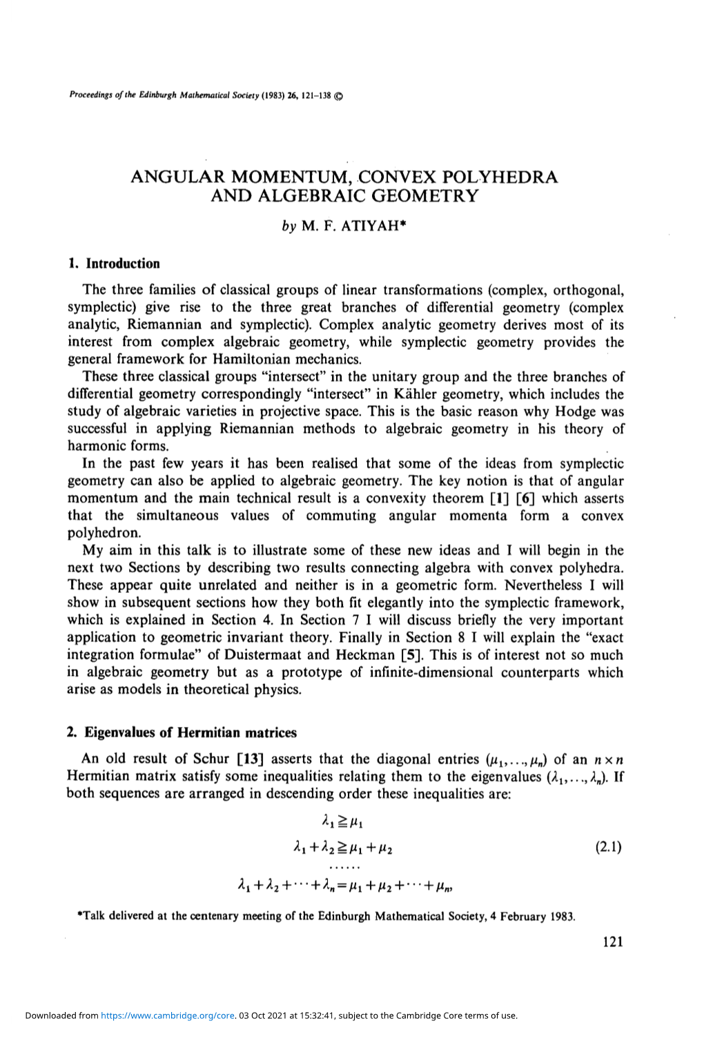 ANGULAR MOMENTUM, CONVEX POLYHEDRA and ALGEBRAIC GEOMETRY by M