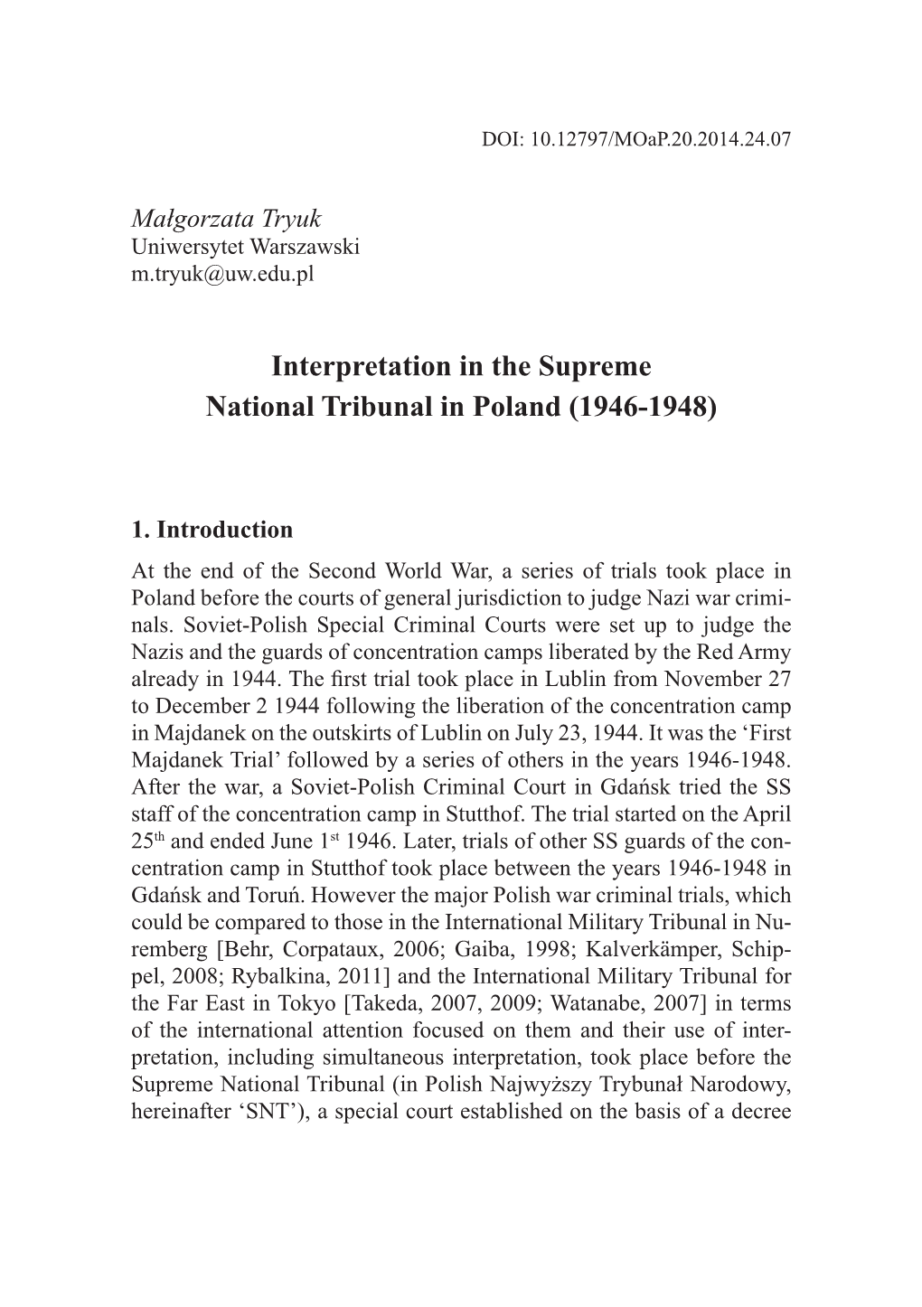 Interpretation in the Supreme National Tribunal in Poland (1946­‑1948)