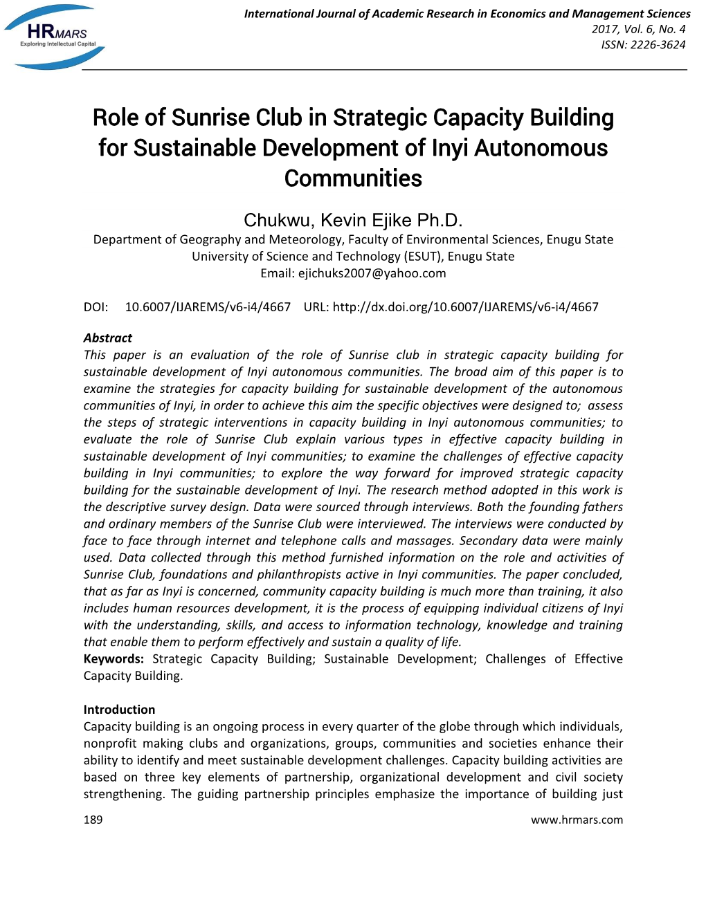 Role of Sunrise Club in Strategic Capacity Building for Sustainable Development of Inyi Autonomous Communities