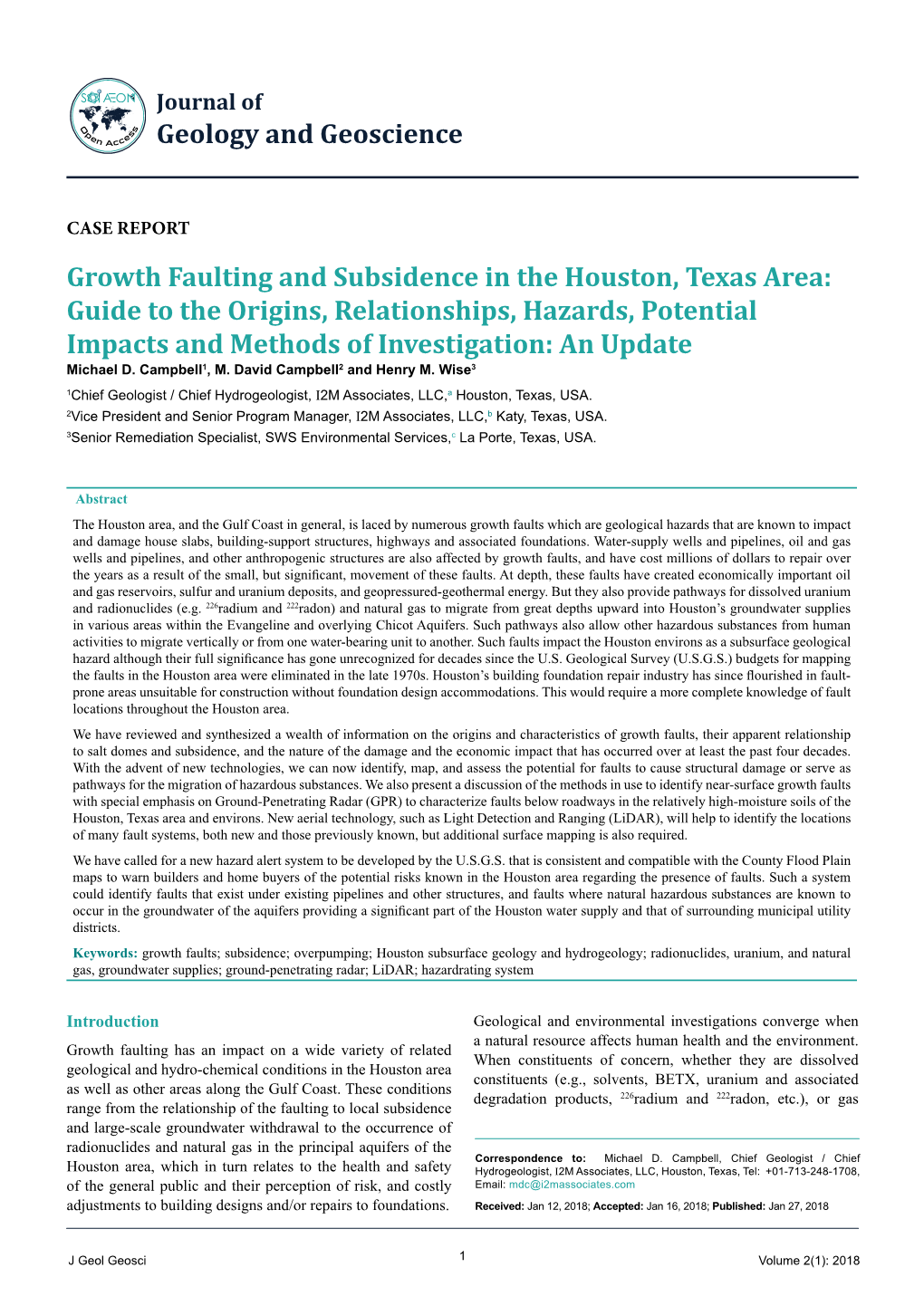 Growth Faulting and Subsidence in the Houston, Texas Area