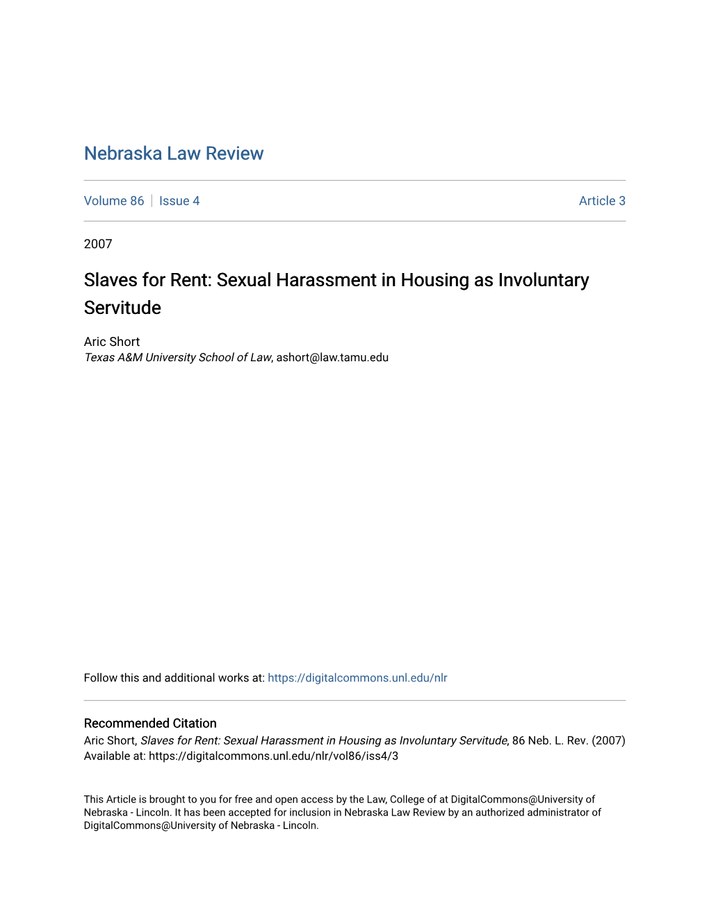 Slaves for Rent: Sexual Harassment in Housing As Involuntary Servitude
