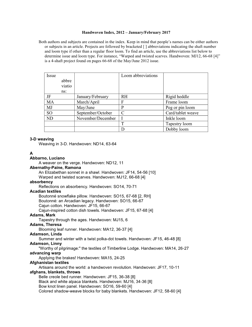 Loom Abbreviations JF January/February RH