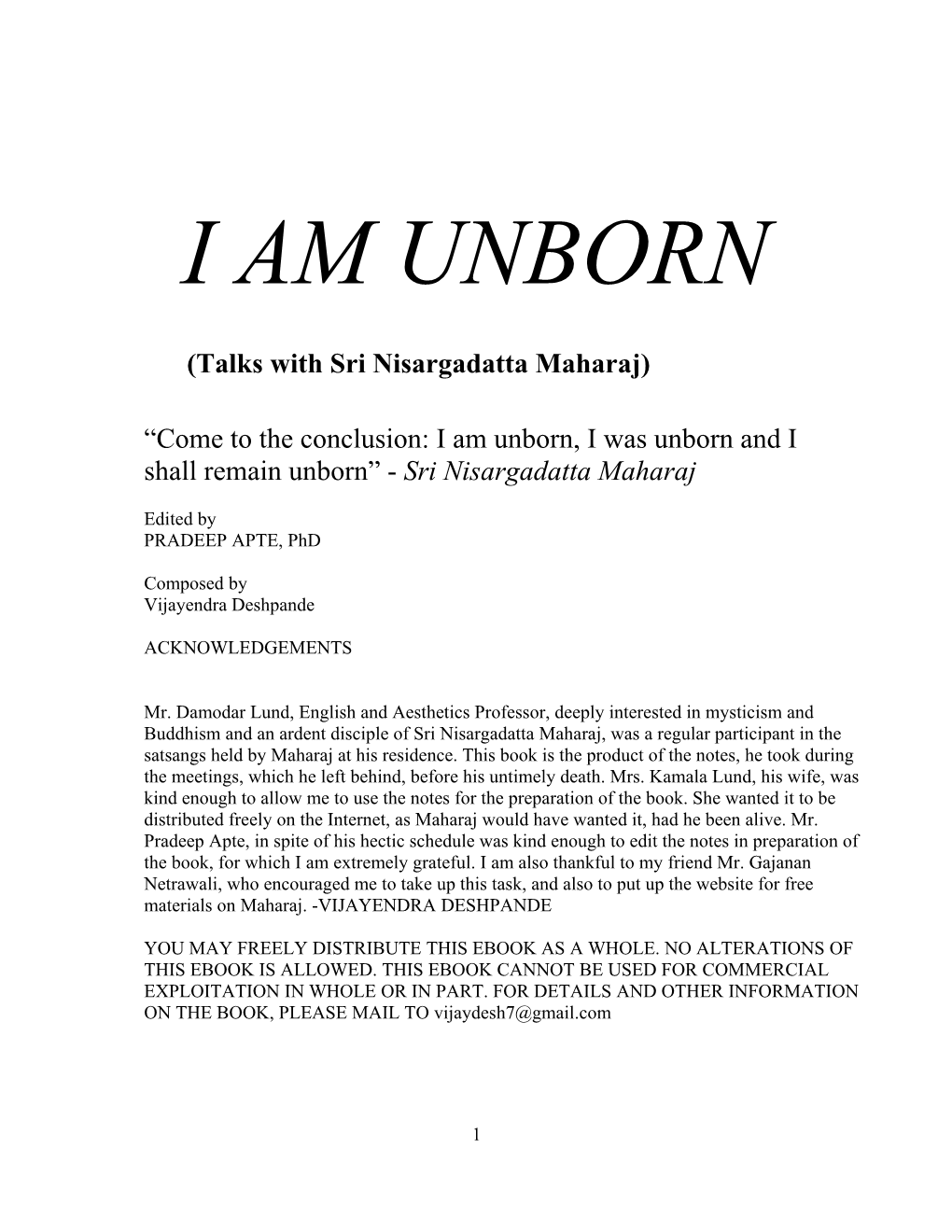 I AM UNBORN (Talks with Sri Nisargadatta Maharaj)