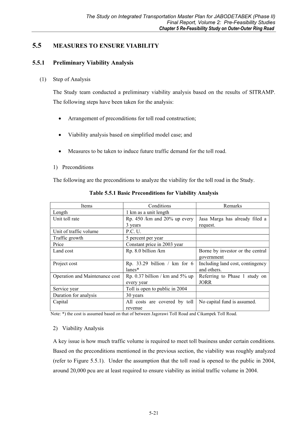 MEASURES to ENSURE VIABILITY 5.5.1 Preliminary Viability Analysis