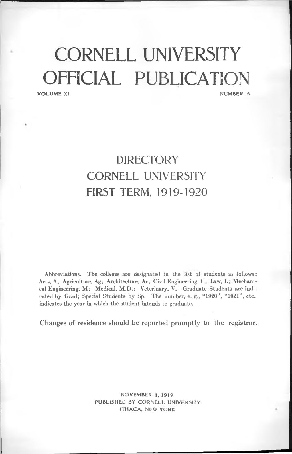 Cornell University Official Publication Volume Xi Number A