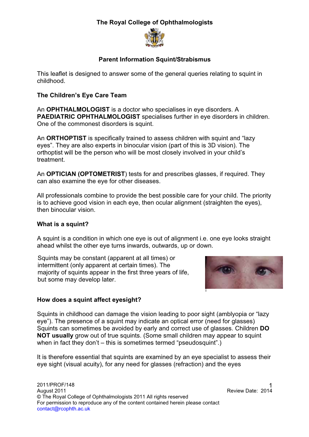 Parent Information Squint/Strabismus