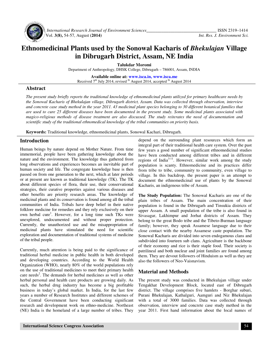 Ethnomedicinal Plants Used by the Sonowal Kacharis of Bhekulajan