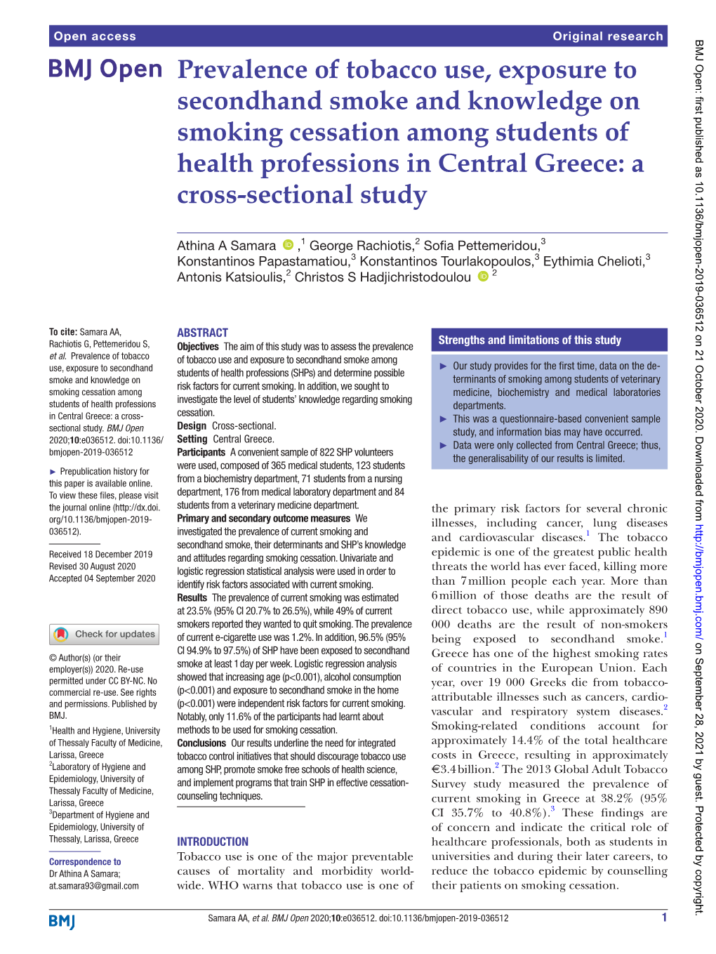 Prevalence of Tobacco Use, Exposure to Secondhand Smoke