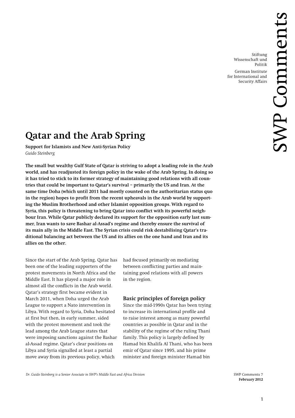 Qatar and the Arab Spring Support for Islamists and New Anti-Syrian Policy