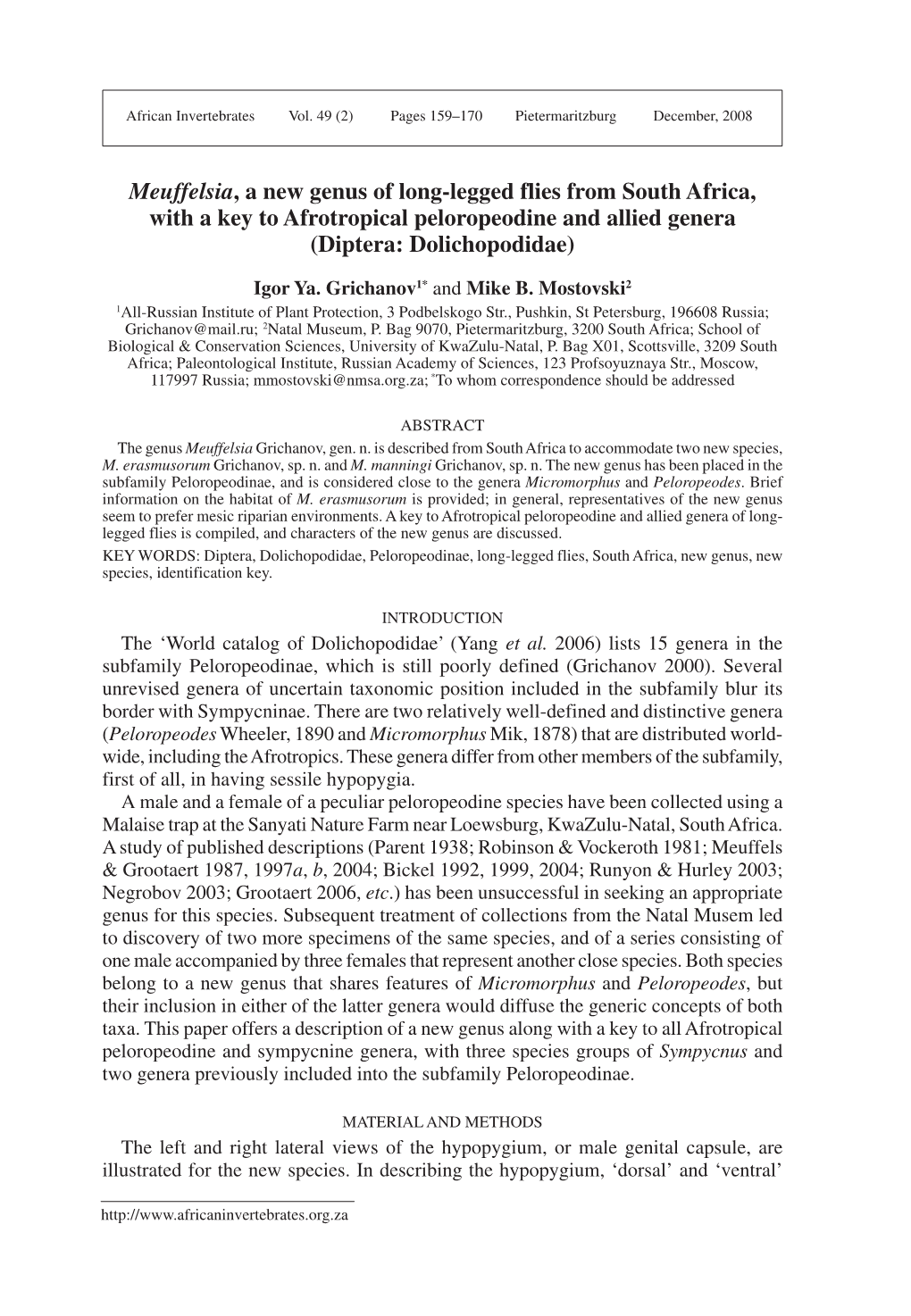 Meuffelsia, a New Genus of Long-Legged Flies from South Africa, with a Key to Afrotropical Peloropeodine and Allied Genera (Diptera: Dolichopodidae)