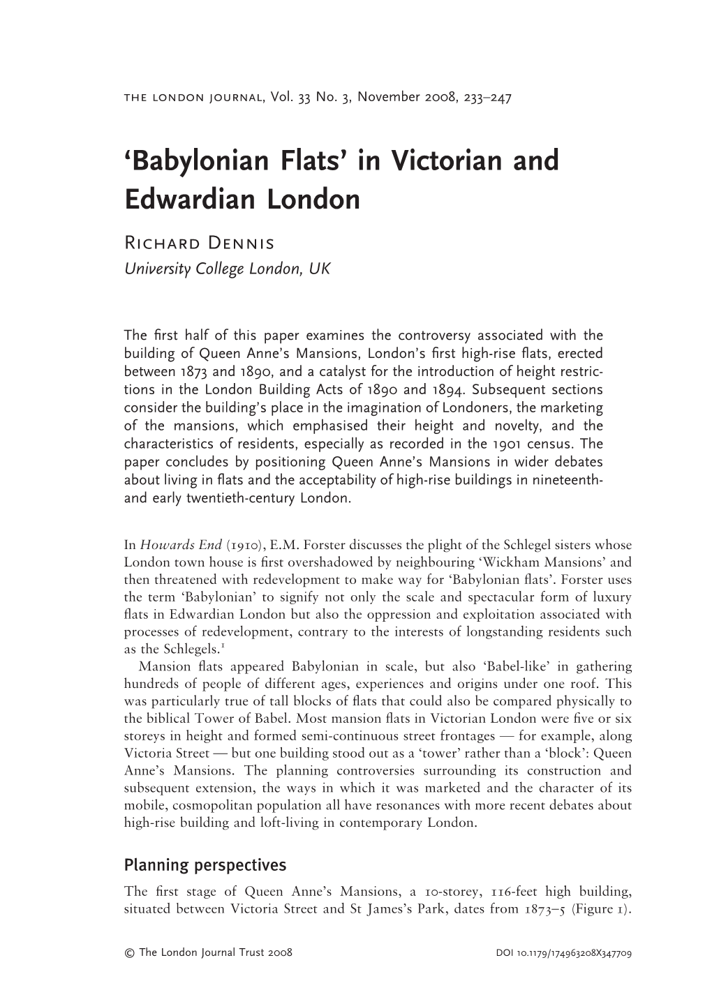 'Babylonian Flats' in Victorian and Edwardian London