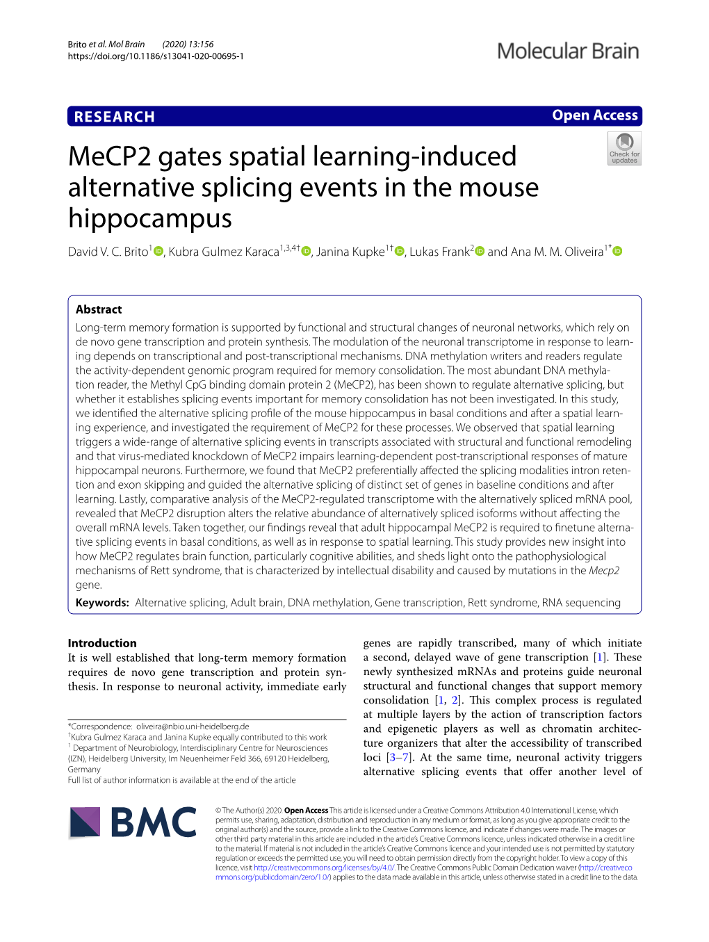 Mecp2 Gates Spatial Learning-Induced Alternative