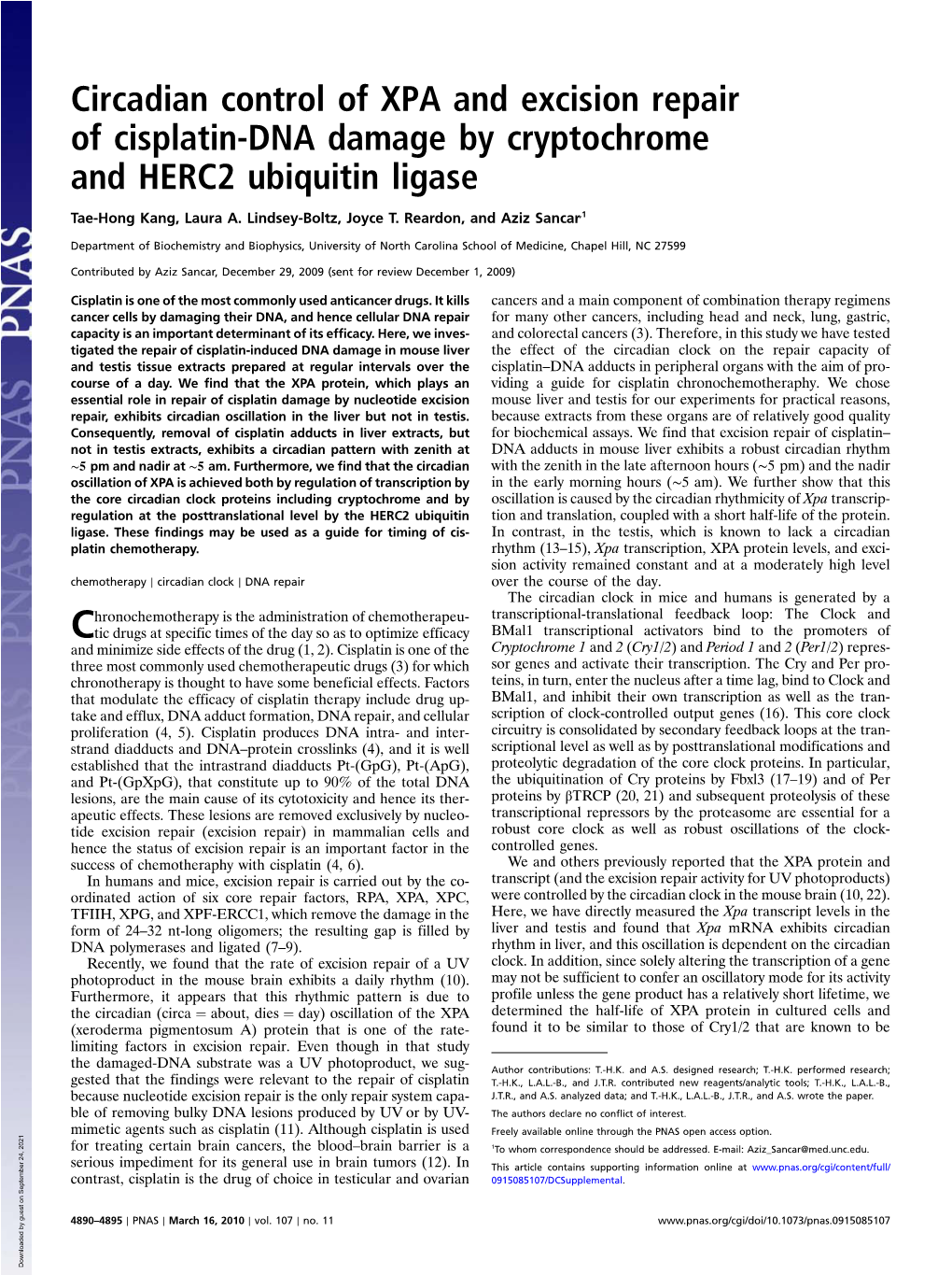 Circadian Control of XPA and Excision Repair of Cisplatin-DNA Damage by Cryptochrome and HERC2 Ubiquitin Ligase