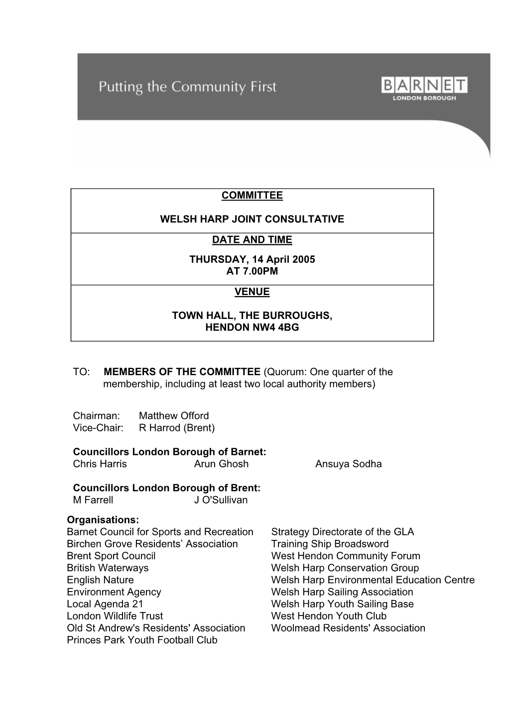 Committee Welsh Harp Joint Consultative Date And