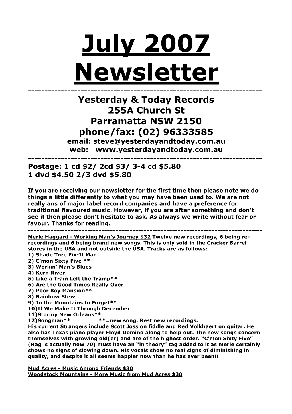 Yesterday and Today Records Newsletter July 2007