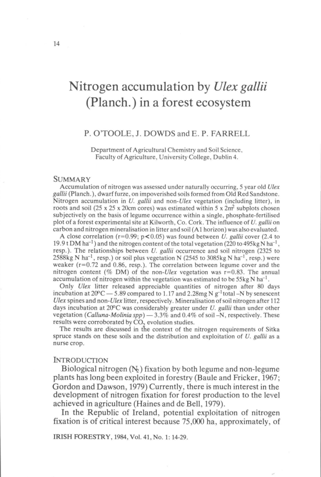 Nitrogen Accumulation by Ulex Gallii (Planch.) in a Forest Ecosystem