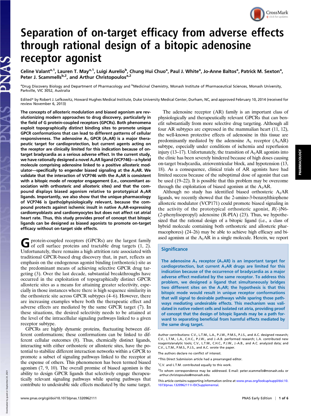 Separation of On-Target Efficacy from Adverse Effects Through Rational Design of a Bitopic Adenosine Receptor Agonist
