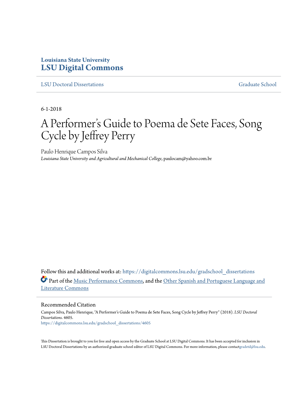 A Performer's Guide to Poema De Sete Faces, Song Cycle by Jeffrey Perry