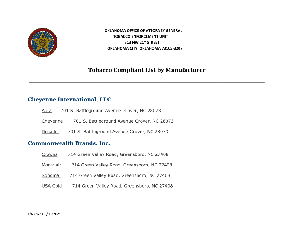 Tobacco Compliant List by Manufacturer ______