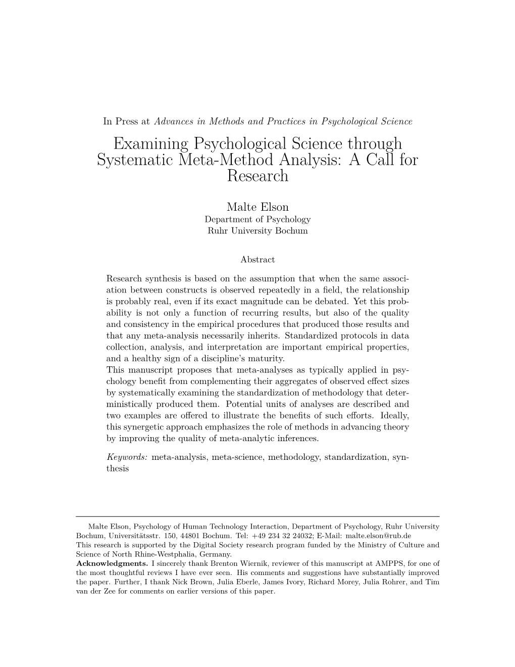 Examining Psychological Science Through Systematic Meta-Method Analysis: a Call for Research