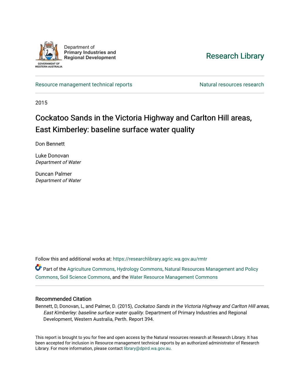 Cockatoo Sands in the Victoria Highway and Carlton Hill Areas, East Kimberley: Baseline Surface Water Quality