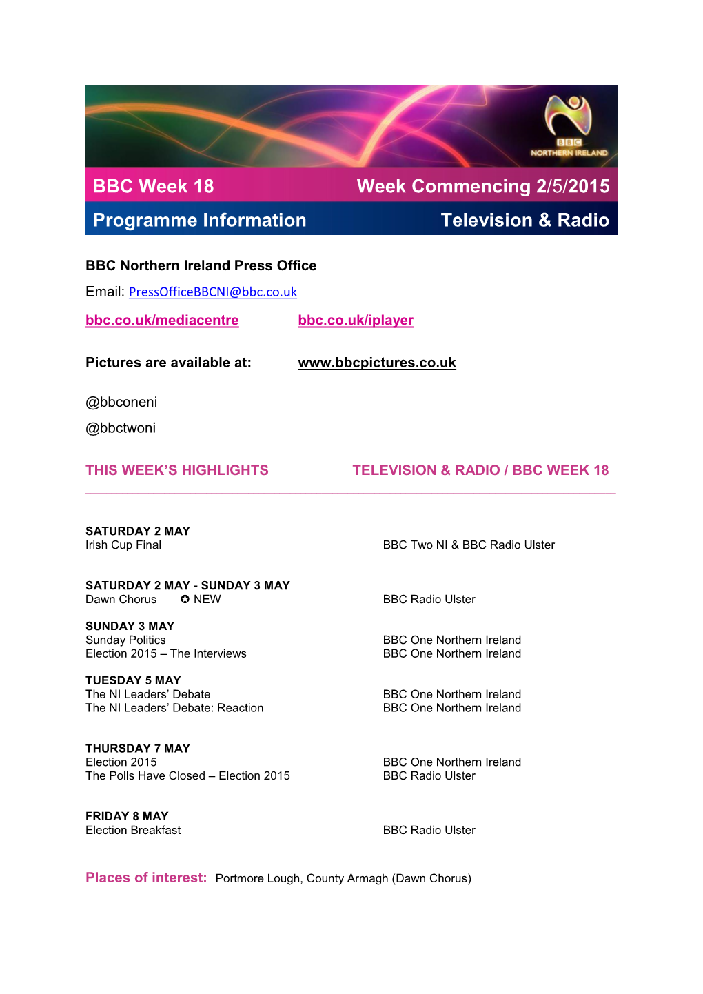 BBC Week 18 Programme Information Week Commencing 2/5/2015