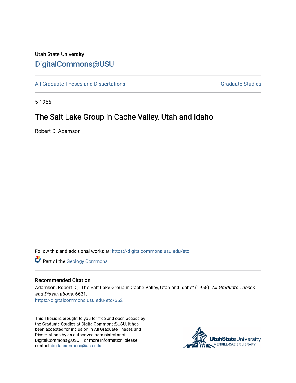 The Salt Lake Group in Cache Valley, Utah and Idaho