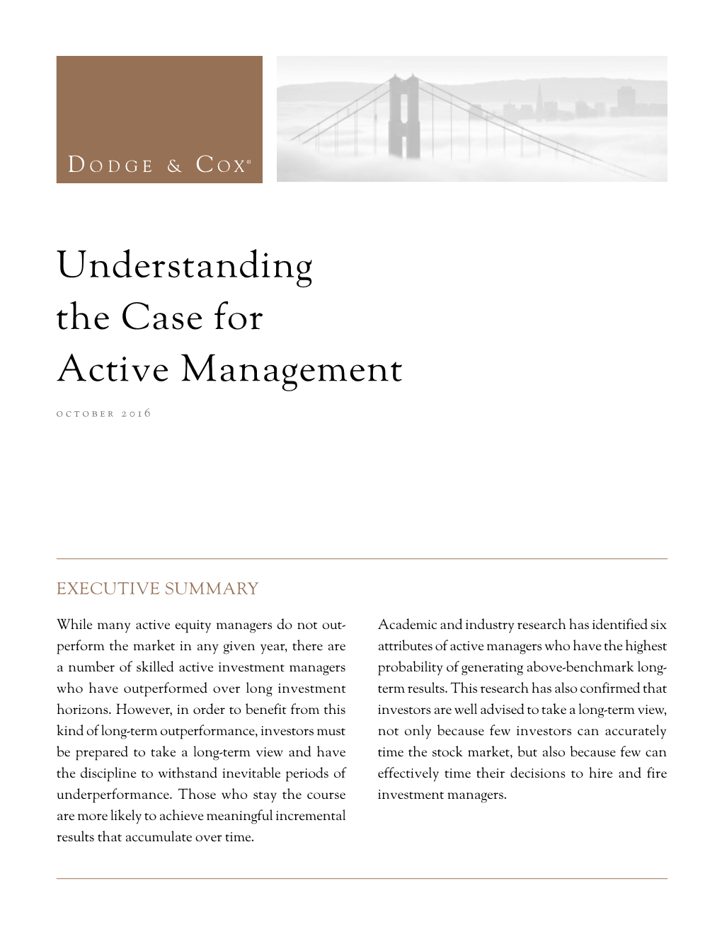 Understanding the Case for Active Management October 2016