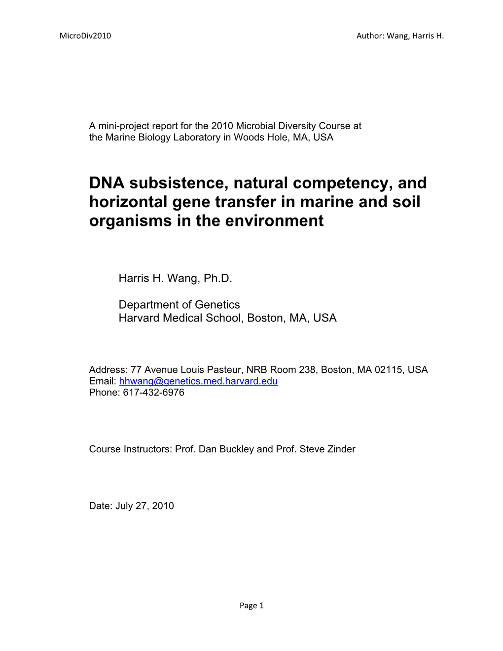 Wang, H. DNA Subsistence, Natural Competency, and Horizontal Gene