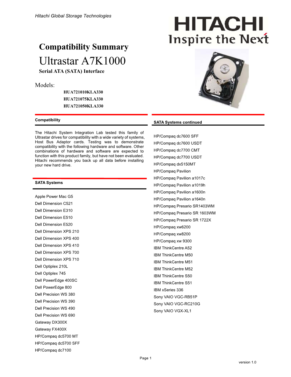 Ultrastar A7K1000 Serial ATA (SATA) Interface